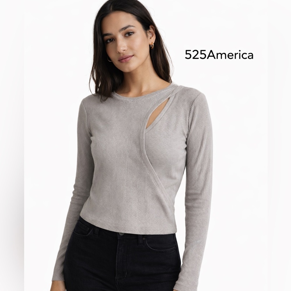 525 America Smoke Gray Ribbed Layered Cut-Out Long Sleeve Top  Small minamlist
